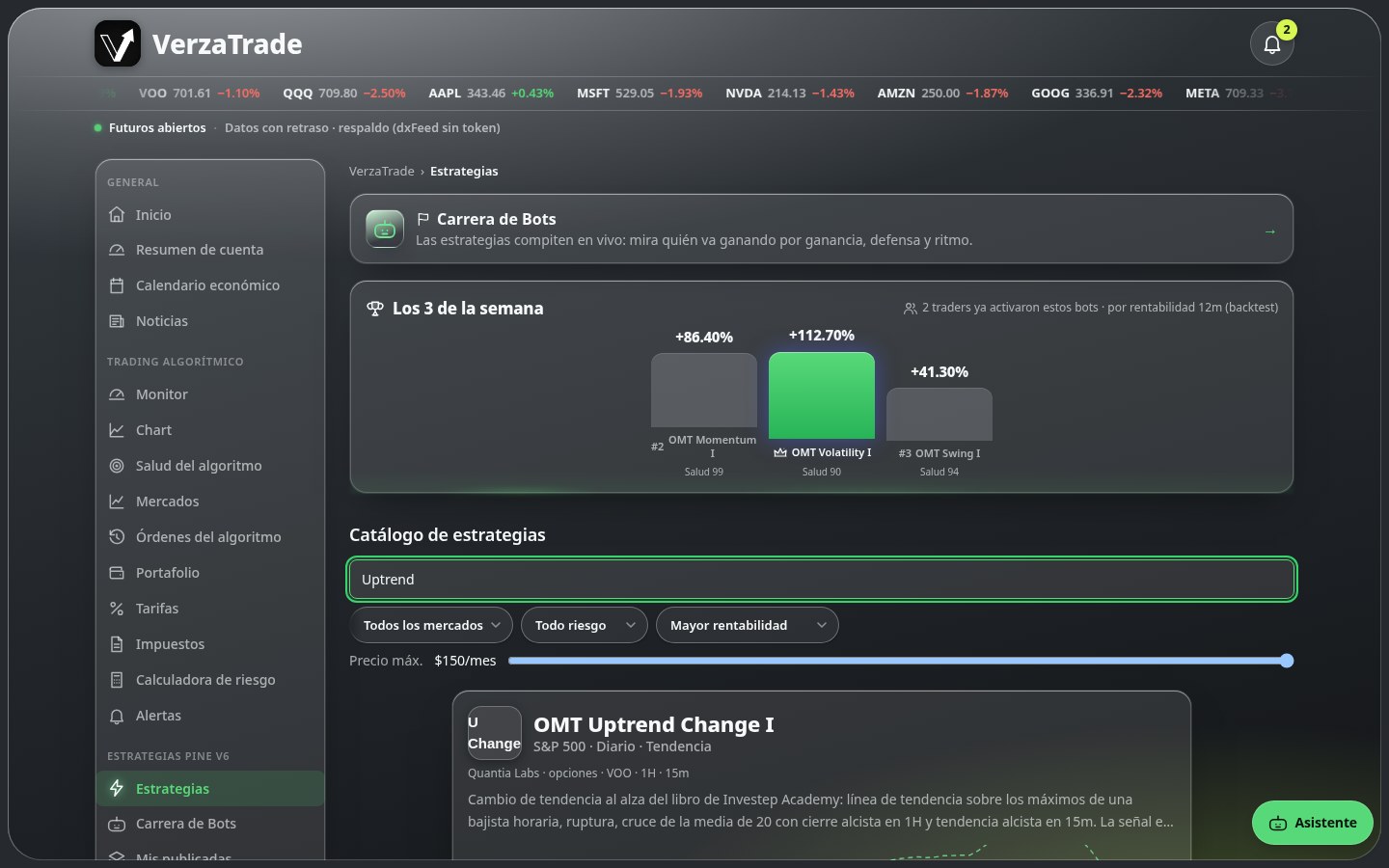 Captura real de la app: búsqueda «investep» en el catálogo, con las estrategias de opciones de Investep Academy y sus etiquetas de veredicto